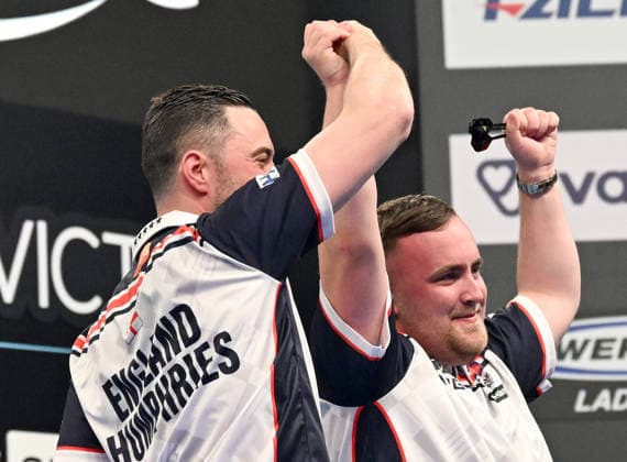 14 06 2026, xhbx, Dart World Cup of Darts 2026, v l Luke Humphries England , Luke Littler England DFL DFB REGULATIONS PROHIBIT ANY USE OF PHOTOGRAPHS as IMAGE SEQUENCES and or QUASI VIDEO Frankfurt