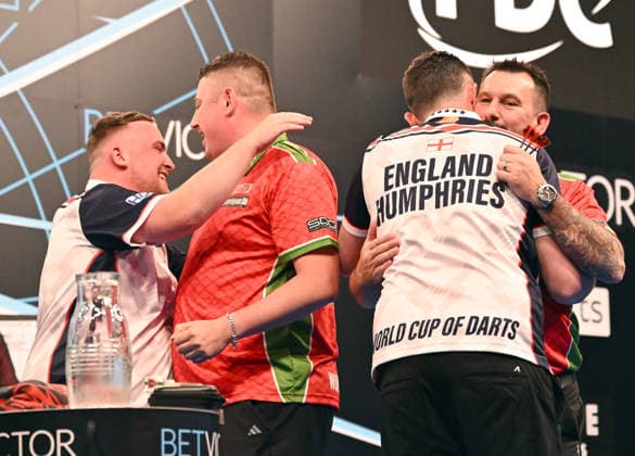 14 06 2026, xhbx, Dart World Cup of Darts 2026, v l Luke Littler England , Nick Kenny Wales , Luke Humphries England , Jonny Clayton Wales DFL DFB REGULATIONS PROHIBIT ANY USE OF PHOTOGRAPHS as IMAGE SEQUENCES and or QUASI VIDEO Frankfurt