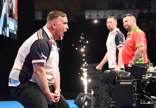 14 06 2026, xhbx, Dart World Cup of Darts 2026, v l Luke Littler England , Luke Humphries England , Jonny Clayton Wales cheering after the end of the match DFL DFB REGULATIONS PROHIBIT ANY USE OF PHOTOGRAPHS as IMAGE SEQUENCES and or QUASI VIDEO Frankfurt