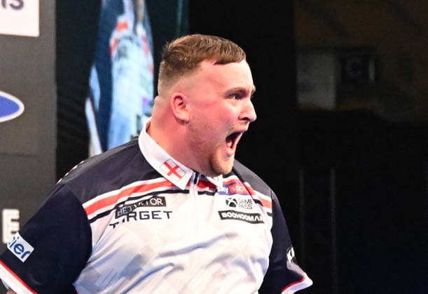 14 06 2026, xhbx, Dart World Cup of Darts 2026, v l Luke Littler England cheers after the end of the match DFL DFB REGULATIONS PROHIBIT ANY USE OF PHOTOGRAPHS as IMAGE SEQUENCES and or QUASI VIDEO Frankfurt