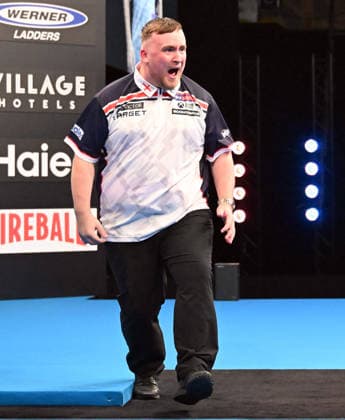 14 06 2026, xhbx, Dart World Cup of Darts 2026, v l Luke Littler England cheers after the end of the match DFL DFB REGULATIONS PROHIBIT ANY USE OF PHOTOGRAPHS as IMAGE SEQUENCES and or QUASI VIDEO Frankfurt