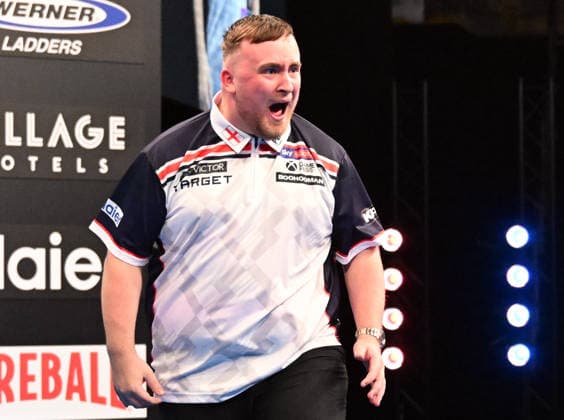 14 06 2026, xhbx, Dart World Cup of Darts 2026, v l Luke Littler England cheers after the end of the match DFL DFB REGULATIONS PROHIBIT ANY USE OF PHOTOGRAPHS as IMAGE SEQUENCES and or QUASI VIDEO Frankfurt