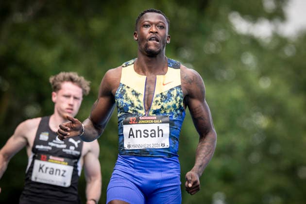 MANNHEIM, GERMANY - JUNE 14, 2026 :Owen Ansah (GER Hamburger SV) competing in the men’s 100m during the Elite Meeting at Michael-Hoffmann-Stadion on June 14, 2026 in Mannheim, Germany. Baden-Wuerttemberg Germany Copyright: xAxelxKohringx