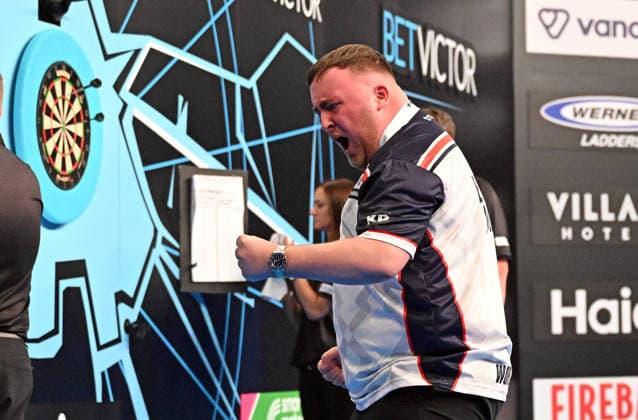14 06 2026, xhbx, Dart World Cup of Darts 2026, v l Luke Littler England cheers DFL DFB REGULATIONS PROHIBIT ANY USE OF PHOTOGRAPHS as IMAGE SEQUENCES and or QUASI VIDEO Frankfurt
