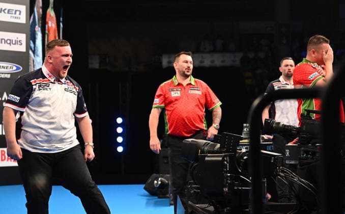 14 06 2026, xhbx, Dart World Cup of Darts 2026, v l Luke Littler England , Jonny Clayton Wales , Luke Humphries England , Nick Kenny Wales 170 Finish DFL DFB REGULATIONS PROHIBIT ANY USE OF PHOTOGRAPHS as IMAGE SEQUENCES and or QUASI VIDEO Frankfurt