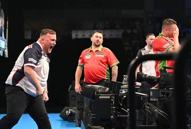 14 06 2026, xhbx, Dart World Cup of Darts 2026, v l Luke Littler England , Jonny Clayton Wales , Luke Humphries England , Nick Kenny Wales 170 Finish DFL DFB REGULATIONS PROHIBIT ANY USE OF PHOTOGRAPHS as IMAGE SEQUENCES and or QUASI VIDEO Frankfurt