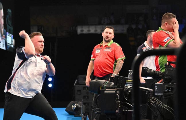 14 06 2026, xhbx, Dart World Cup of Darts 2026, v l Luke Littler England , Jonny Clayton Wales , Luke Humphries England , Nick Kenny Wales 170 Finish DFL DFB REGULATIONS PROHIBIT ANY USE OF PHOTOGRAPHS as IMAGE SEQUENCES and or QUASI VIDEO Frankfurt