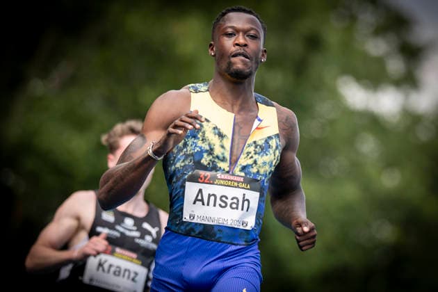 MANNHEIM, GERMANY - JUNE 14, 2026 : Owen Ansah (GER Hamburger SV) competing in the men’s 100m during the Elite Meeting at Michael-Hoffmann-Stadion on June 14, 2026 in Mannheim, Germany. Baden-Wuerttemberg Germany Copyright: xAxelxKohringx