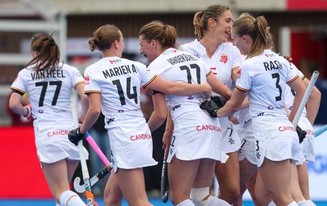Belgium s Stephanie Vanden Borre celebrates after scoring during a hockey game between Belgian national team, Nationalteam Red Panthers and Argentina, Sunday 14 June 2026 in Wavre, match 9 16 in the group stage of the women s FIH Pro League competition. VIRGINIExLEFOUR  x177624137x