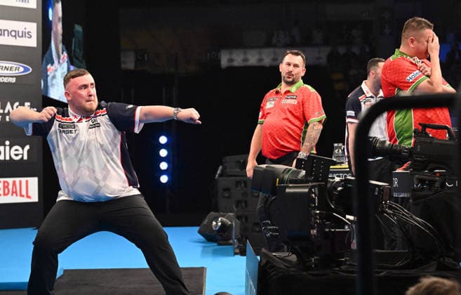 14 06 2026, xhbx, Dart World Cup of Darts 2026, v l Luke Littler England , Jonny Clayton Wales , Luke Humphries England , Nick Kenny Wales 170 Finish DFL DFB REGULATIONS PROHIBIT ANY USE OF PHOTOGRAPHS as IMAGE SEQUENCES and or QUASI VIDEO Frankfurt