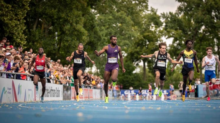 MANNHEIM, GERMANY - JUNE 14, 2026 : Junior Boateng (GER Hamburger SV), Lucas Ansah-Peprah (GER Hamburger SV), Heiko Gussmann (GER Sprintteam Wetzlar), Ryan Zeze (FRA France) competing during the Elite Meeting at Michael-Hoffmann-Stadion on June 14, 2026 in Mannheim, Germany. Baden-Wuerttemberg Germany Copyright: xAxelxKohringx