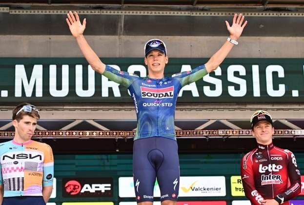 Muur Classic Geraardsbergen 2026 Cycling Race GERAARDSBERGEN, BELGIUM - JUNE 14 : Van Tricht Floris (BEL) of NSN Development Team, Magnier Paul (FRA) of Soudal Quick-Step and Berckmoes Jenno (BEL) of Lotto - Intermarche pictured during the podium ceremony of the 4th edition of Muur Classic Geraardsbergen an UCI Class 1.1 one day cycling road race for Men Elite of km with start in Geraardsbergen and finish in Geraardsbergen on June 14, 2026 in Geraardsbergen, Belgium, 14 06 2026 Geraardsbergen Belgium  Copyright: xPeterxDexVoechtx