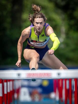 MANNHEIM, GERMANY - JUNE 14, 2026 : Marlene Meier (GER TSV Bayer 04 Leverkusen) competing in the women’s 110m hurdles during the Elite Meeting at Michael-Hoffmann-Stadion on June 14, 2026 in Mannheim, Germany. Baden-Wuerttemberg Germany Copyright: xAxelxKohringx