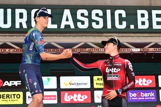Muur Classic Geraardsbergen 2026 Cycling Race GERAARDSBERGEN, BELGIUM - JUNE 14 : Magnier Paul (FRA) of Soudal Quick-Step and Berckmoes Jenno (BEL) of Lotto - Intermarche pictured during the podium ceremony of the 4th edition of Muur Classic Geraardsbergen an UCI Class 1.1 one day cycling road race for Men Elite of km with start in Geraardsbergen and finish in Geraardsbergen on June 14, 2026 in Geraardsbergen, Belgium, 14 06 2026 Geraardsbergen Belgium  Copyright: xPeterxDexVoechtx
