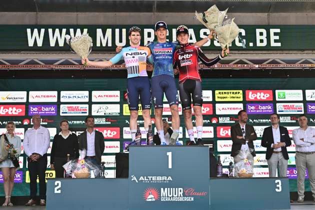 Muur Classic Geraardsbergen 2026 Cycling Race GERAARDSBERGEN, BELGIUM - JUNE 14 : Van Tricht Floris (BEL) of NSN Development Team, Magnier Paul (FRA) of Soudal Quick-Step and Berckmoes Jenno (BEL) of Lotto - Intermarche pictured during the podium ceremony of the 4th edition of Muur Classic Geraardsbergen an UCI Class 1.1 one day cycling road race for Men Elite of km with start in Geraardsbergen and finish in Geraardsbergen on June 14, 2026 in Geraardsbergen, Belgium, 14 06 2026 Geraardsbergen Belgium  Copyright: xPeterxDexVoechtx
