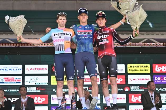 Muur Classic Geraardsbergen 2026 Cycling Race GERAARDSBERGEN, BELGIUM - JUNE 14 : Van Tricht Floris (BEL) of NSN Development Team, Magnier Paul (FRA) of Soudal Quick-Step and Berckmoes Jenno (BEL) of Lotto - Intermarche pictured during the podium ceremony of the 4th edition of Muur Classic Geraardsbergen an UCI Class 1.1 one day cycling road race for Men Elite of km with start in Geraardsbergen and finish in Geraardsbergen on June 14, 2026 in Geraardsbergen, Belgium, 14 06 2026 Geraardsbergen Belgium  Copyright: xPeterxDexVoechtx
