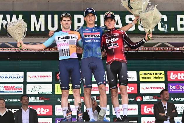 Muur Classic Geraardsbergen 2026 Cycling Race GERAARDSBERGEN, BELGIUM - JUNE 14 : Van Tricht Floris (BEL) of NSN Development Team, Magnier Paul (FRA) of Soudal Quick-Step and Berckmoes Jenno (BEL) of Lotto - Intermarche pictured during the podium ceremony of the 4th edition of Muur Classic Geraardsbergen an UCI Class 1.1 one day cycling road race for Men Elite of km with start in Geraardsbergen and finish in Geraardsbergen on June 14, 2026 in Geraardsbergen, Belgium, 14 06 2026 Geraardsbergen Belgium  Copyright: xPeterxDexVoechtx