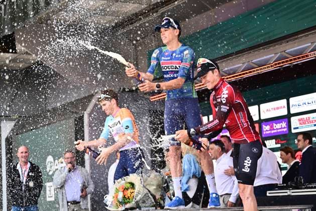 Muur Classic Geraardsbergen 2026 Cycling Race GERAARDSBERGEN, BELGIUM - JUNE 14 : Van Tricht Floris (BEL) of NSN Development Team, Magnier Paul (FRA) of Soudal Quick-Step and Berckmoes Jenno (BEL) of Lotto - Intermarche pictured during the podium ceremony of the 4th edition of Muur Classic Geraardsbergen an UCI Class 1.1 one day cycling road race for Men Elite of km with start in Geraardsbergen and finish in Geraardsbergen on June 14, 2026 in Geraardsbergen, Belgium, 14 06 2026 Geraardsbergen Belgium  Copyright: xPeterxDexVoechtx
