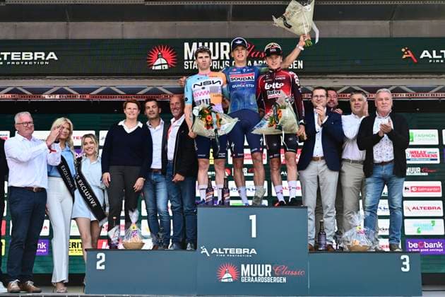 Muur Classic Geraardsbergen 2026 Cycling Race GERAARDSBERGEN, BELGIUM - JUNE 14 : Van Tricht Floris (BEL) of NSN Development Team, Magnier Paul (FRA) of Soudal Quick-Step and Berckmoes Jenno (BEL) of Lotto - Intermarche pictured during the podium ceremony of the 4th edition of Muur Classic Geraardsbergen an UCI Class 1.1 one day cycling road race for Men Elite of km with start in Geraardsbergen and finish in Geraardsbergen on June 14, 2026 in Geraardsbergen, Belgium, 14 06 2026 Geraardsbergen Belgium  Copyright: xPeterxDexVoechtx