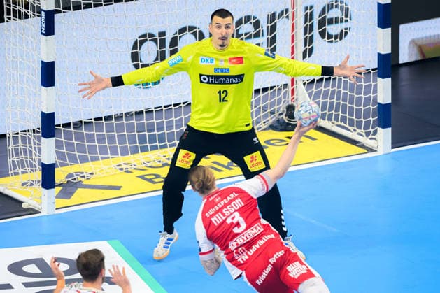 Cologne, Germany Handball EHF CL Final 4 Match 3rd place Aalborg Handbold SC Magdeburg Goalkeeper Matej Mandic Magdeburg , Lukas Nilsson Aalborg Cologne Lanxess Arena Nordrhein Westfalen Germany