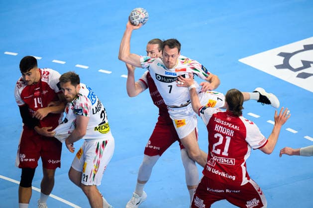 Cologne, Germany Handball EHF CL Final 4 Match 3rd place Aalborg Handbold SC Magdeburg from left Mads Hoxer Hangaard Aalborg , Albin Lagergren SC Magdeburg , Lukas Nilsson Aalborg , Felix Claar Magdeburg , Juri Knorr Aalborg Cologne Lanxess Arena Nordrhein Westfalen Germany