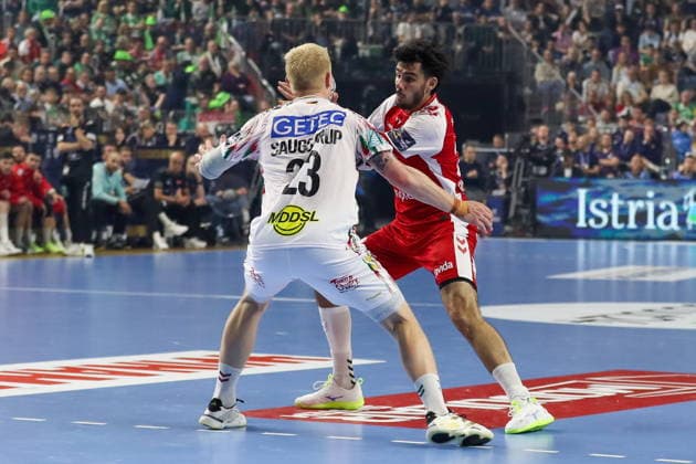 Cologne 14.06.2026. Pilka reczna EHF Liga Mistrzow sezon 2025 26 final4 mecz: Aalborg Handbold - SC Magdeburg --- Handball EHF Champions League season 2025 26 final4 match: Aalborg Handbold - SC Magdeburg nz Munk Marinus, Saugstrup Magnus Fot. Kacper Staniec NEWSPIX.PL --- newspix.pl 