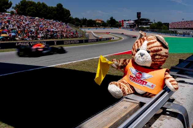 BARCELONA Marshalls mascot with Formula 1 driver Max Verstappen of Oracle Red Bull Racing in the background during the Formula 1 Spain Catalonia at the Circuit de Barcelona Catalunya on June 14, 2026 in Barcelona, Spain Photo by DeFodi Images
