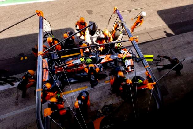 BARCELONA Pit stop for Formula 1 driver Lando Norris of McLaren Mastercard Formula 1 Team during the Formula 1 Spain Catalonia at the Circuit de Barcelona Catalunya on June 14, 2026 in Barcelona, Spain Photo by DeFodi Images