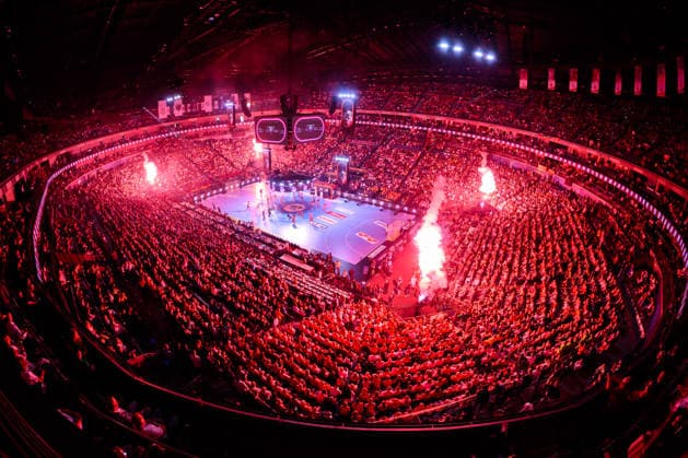 Cologne, Germany Handball EHF CL Final 4 Match Place 3 Aalborg Handbold SC Magdeburg Overview, Venue, Spectators, Fan Curve Fans Fan Block Feature, Interior View, Show Cologne Lanxess Arena North Rhine-Westphalia Germany