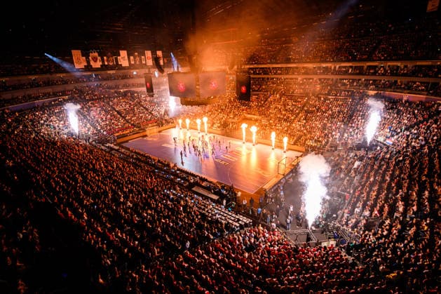 Cologne, Germany Handball EHF CL Final 4 Match Place 3 Aalborg Handbold SC Magdeburg Overview, Venue, Spectators, Fan Curve Fans Fan Block Feature, Interior View, Show Cologne Lanxess Arena North Rhine-Westphalia Germany