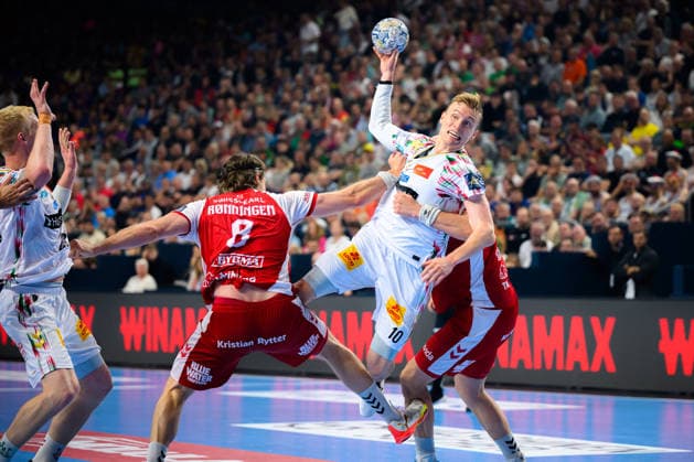 Cologne, Germany Handball EHF CL Final 4 Match 3rd place Aalborg Handbold SC Magdeburg from left Magnus Saugstrup Jensen SC Magdeburg , Vetle Ronningen Aalborg , Gisli Thorgeir Kristjansson SC Magdeburg Cologne Lanxess Arena Nordrhein Westfalen Germany