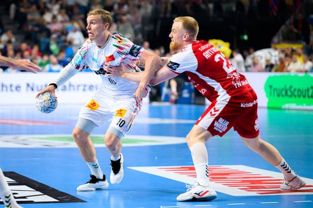 Cologne, Germany Handball EHF CL Final 4 Match 3rd place Aalborg Handbold SC Magdeburg Gisli Thorgeir Kristjansson SC Magdeburg , Rene Antonsen Aalborg Cologne Lanxess Arena Nordrhein Westfalen Germany