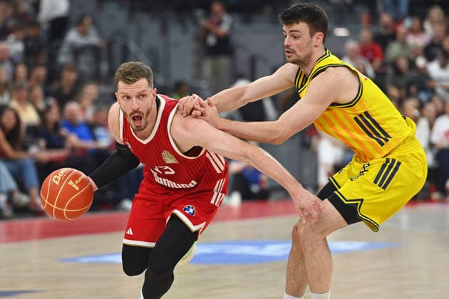 Andreas OBST FCB , action,duel against Jonas MATTISSECK Alba Berlin Basketball BBL,Season 2025 2026 Play Off Final Game 2, FC Bayern Muenchen Alba Berlin on 14 06 2026 S A P G A R D EN