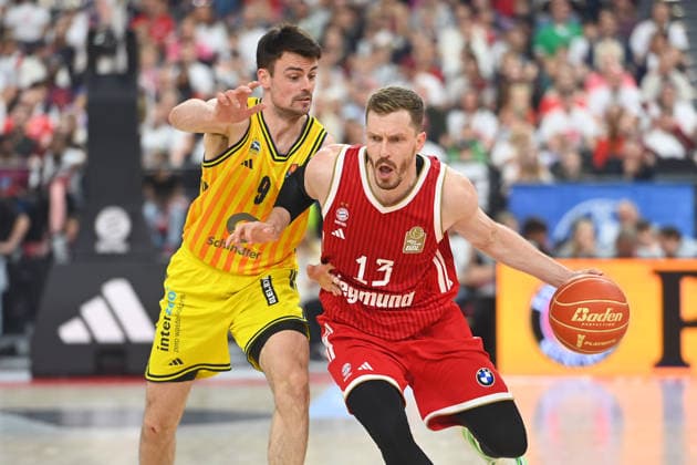 Andreas OBST FCB , action,duel against Jonas MATTISSECK Alba Berlin Basketball BBL,Season 2025 2026 Play Off Final Game 2, FC Bayern Muenchen Alba Berlin on 14 06 2026 S A P G A R D EN