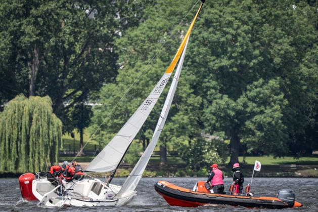 Team Garda Girls on boat 17 in race 62 Helga Cup 2026 sailing regatta on the Hamburg Outer Alster, Hamburg Hamburg Germany Outer Alster