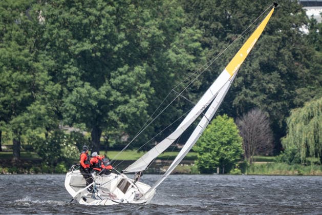 Team Garda Girls on boat 17 in race 62 Helga Cup 2026 sailing regatta on the Hamburg Outer Alster, Hamburg Hamburg Germany Outer Alster