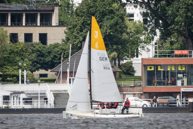 Team Garda Girls on boat 17 in race 62 Helga Cup 2026 sailing regatta on the Hamburg Outer Alster, Hamburg Hamburg Germany Outer Alster