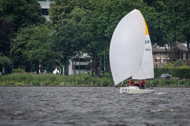 Team Garda Girls on boat 17 in race 62 Helga Cup 2026 sailing regatta on the Hamburg Outer Alster, Hamburg Hamburg Germany Outer Alster