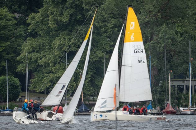Team Garda Girls on boat 17 in race 62 Helga Cup 2026 sailing regatta on the Hamburg Outer Alster, Hamburg Hamburg Germany Outer Alster