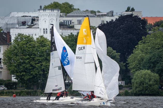 Team Garda Girls on boat 17 in race 62 Helga Cup 2026 sailing regatta on the Hamburg Outer Alster, Hamburg Hamburg Germany Outer Alster