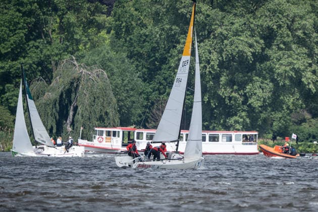 Team Garda Girls on boat 17 in race 62 Helga Cup 2026 sailing regatta on the Hamburg Outer Alster, Hamburg Hamburg Germany Outer Alster