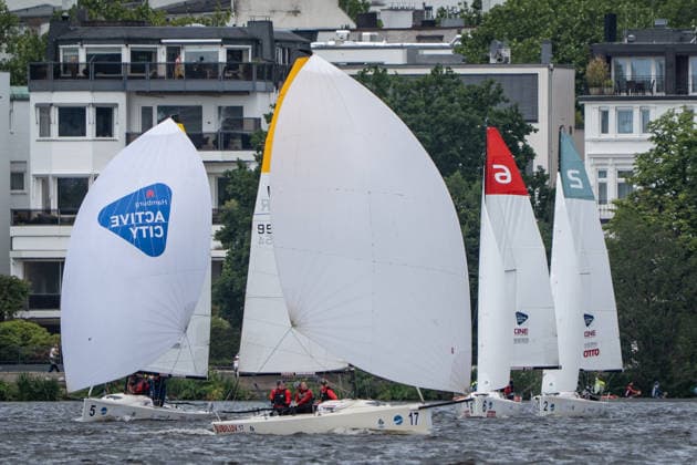 Team Garda Girls on boat 17 in race 62 Helga Cup 2026 sailing regatta on the Hamburg Outer Alster, Hamburg Hamburg Germany Outer Alster
