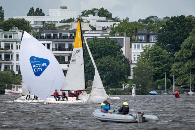Team Garda Girls on boat 17 in race 62 Helga Cup 2026 sailing regatta on the Hamburg Outer Alster, Hamburg Hamburg Germany Outer Alster