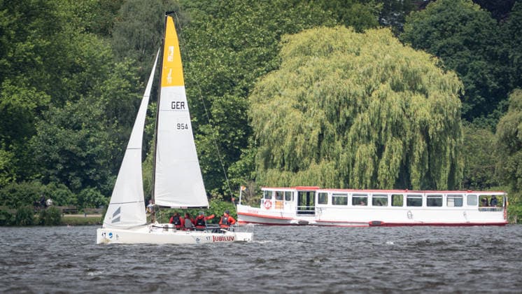 Team Garda Girls on boat 17 in race 62 Helga Cup 2026 sailing regatta on the Hamburg Outer Alster, Hamburg Hamburg Germany Outer Alster