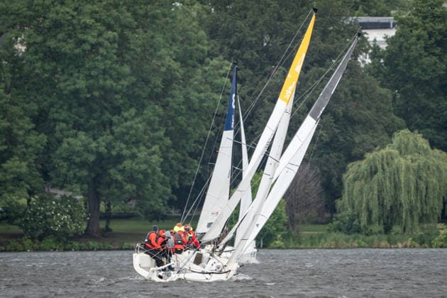 Team Garda Girls on boat 17 in race 62 Helga Cup 2026 sailing regatta on the Hamburg Outer Alster, Hamburg Hamburg Germany Outer Alster