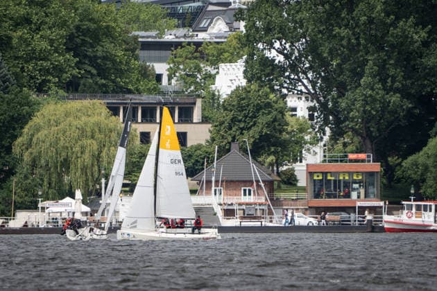 Team Garda Girls on boat 17 in race 62 Helga Cup 2026 sailing regatta on the Hamburg Outer Alster, Hamburg Hamburg Germany Outer Alster