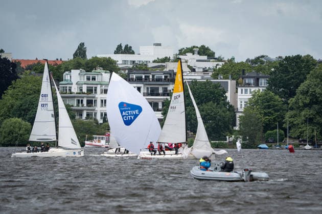 Team Garda Girls on boat 17 in race 62 Helga Cup 2026 sailing regatta on the Hamburg Outer Alster, Hamburg Hamburg Germany Outer Alster