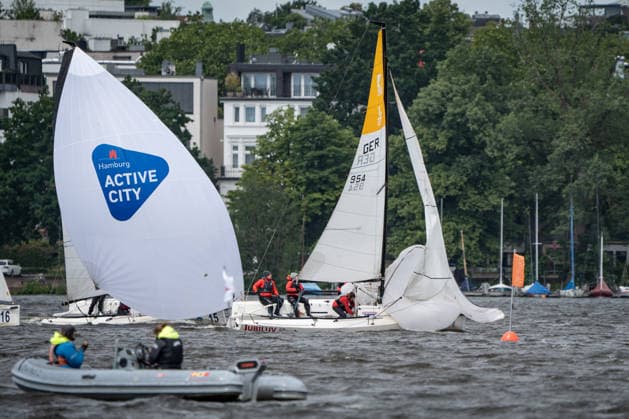 Team Garda Girls on boat 17 in race 62 Helga Cup 2026 sailing regatta on the Hamburg Outer Alster, Hamburg Hamburg Germany Outer Alster
