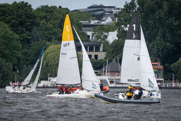 Team Garda Girls on boat 17 in race 62 Helga Cup 2026 sailing regatta on the Hamburg Outer Alster, Hamburg Hamburg Germany Outer Alster