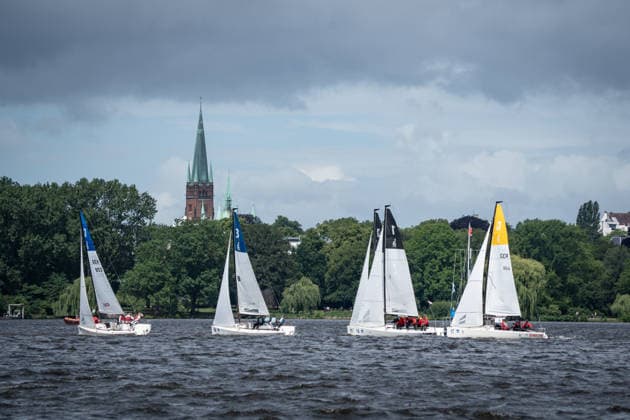Team Garda Girls on boat 17 in race 62 Helga Cup 2026 sailing regatta on the Hamburg Outer Alster, Hamburg Hamburg Germany Outer Alster